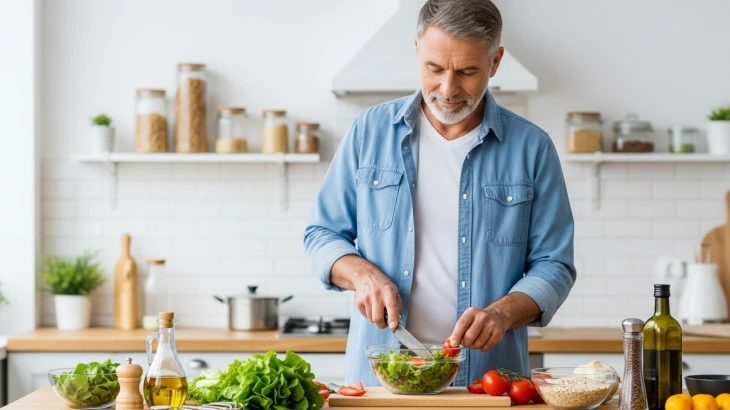 Homem cortando alimentos saudáveis