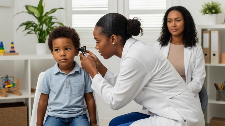 Médica com aparelho no ouvido da criança