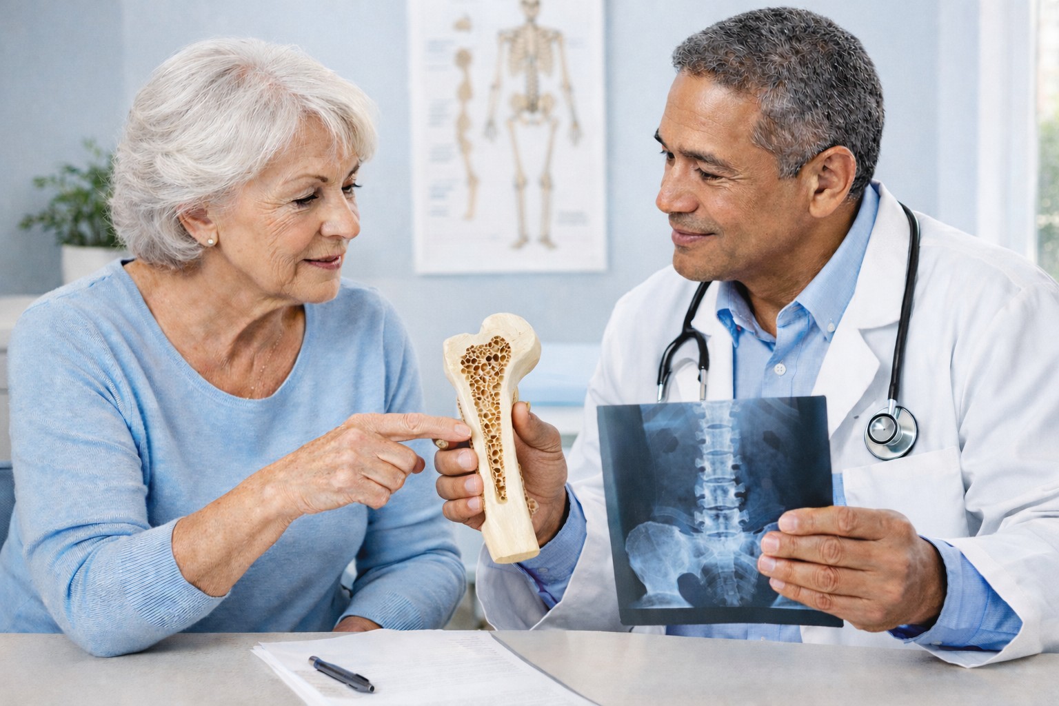 Consulta sobre osteoporose com médico explicando exame para paciente idosa com modelo ósseo.