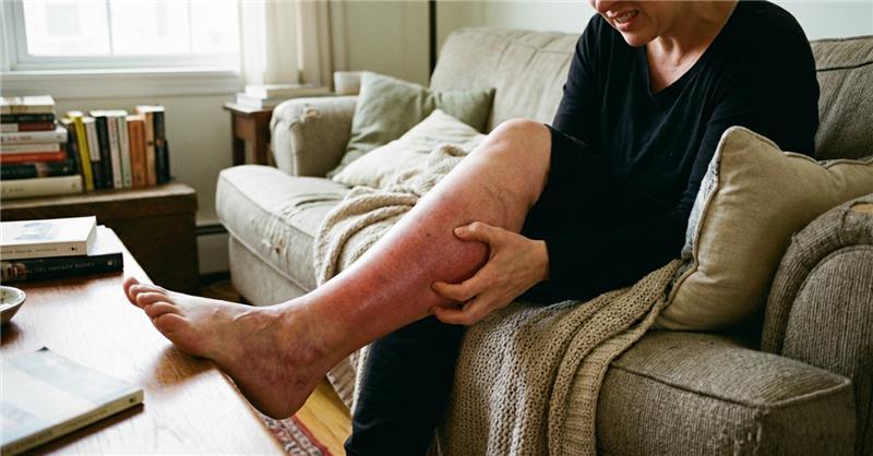 Pessoa sentada no sofá segurando a panturrilha, observando sinais de trombose na perna.