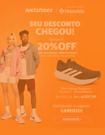 Banner promocional do Clube de Vantagens Hapvida com 20% OFF na Netshoes.