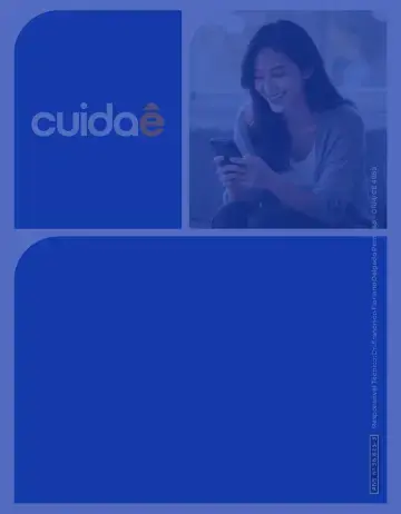 Mulher usando celular em casa com identidade visual Cuidaê ao lado.