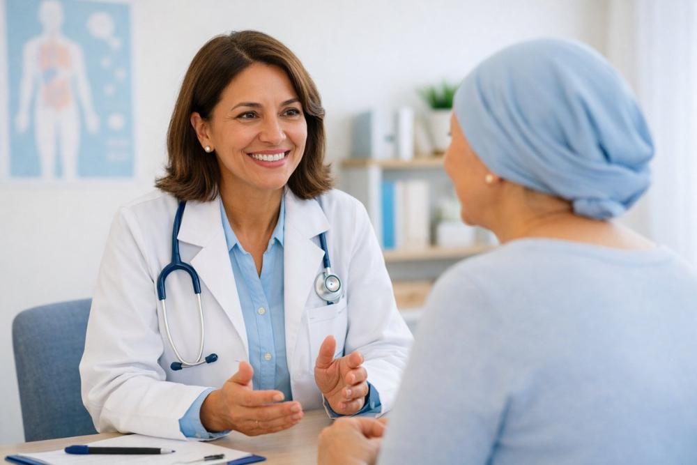 Consulta sobre osteoporose com médico explicando exame para paciente idosa com modelo ósseo.